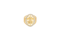 14KT Gold Ring Men's Oval Malverde White CZ Stones Border with Diamond Shape Gallery Cutouts on Side of Band