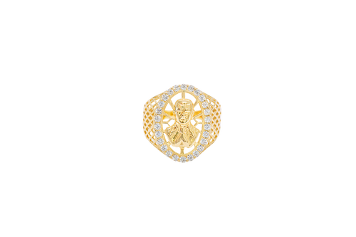 14KT Gold Ring Men's Oval Malverde White CZ Stones Border with Diamond Shape Gallery Cutouts on Side of Band