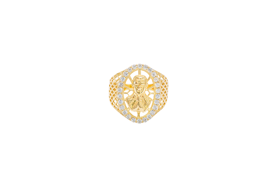 14KT Gold Ring Men's Oval Malverde White CZ Stones Border with Diamond Shape Gallery Cutouts on Side of Band