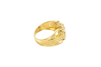 14K Gold Ring Men's Round Malverde with White CZ Stone Background and One White CZ Stone on Edge Corners