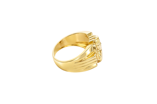 14K Gold Ring Men's Round Malverde with White CZ Stone Background and One White CZ Stone on Edge Corners