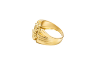 14K Gold Ring Men's Round Malverde with White CZ Stone Background and One White CZ Stone on Edge Corners