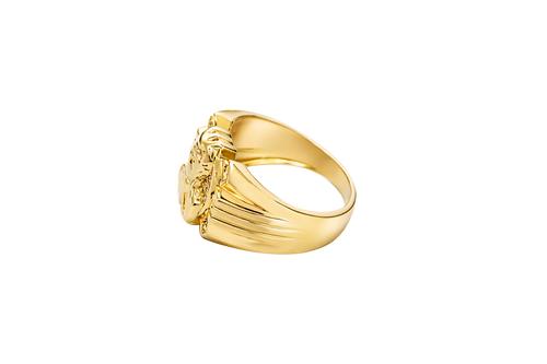 14K Gold Ring Men's Round Malverde with White CZ Stone Background and One White CZ Stone on Edge Corners