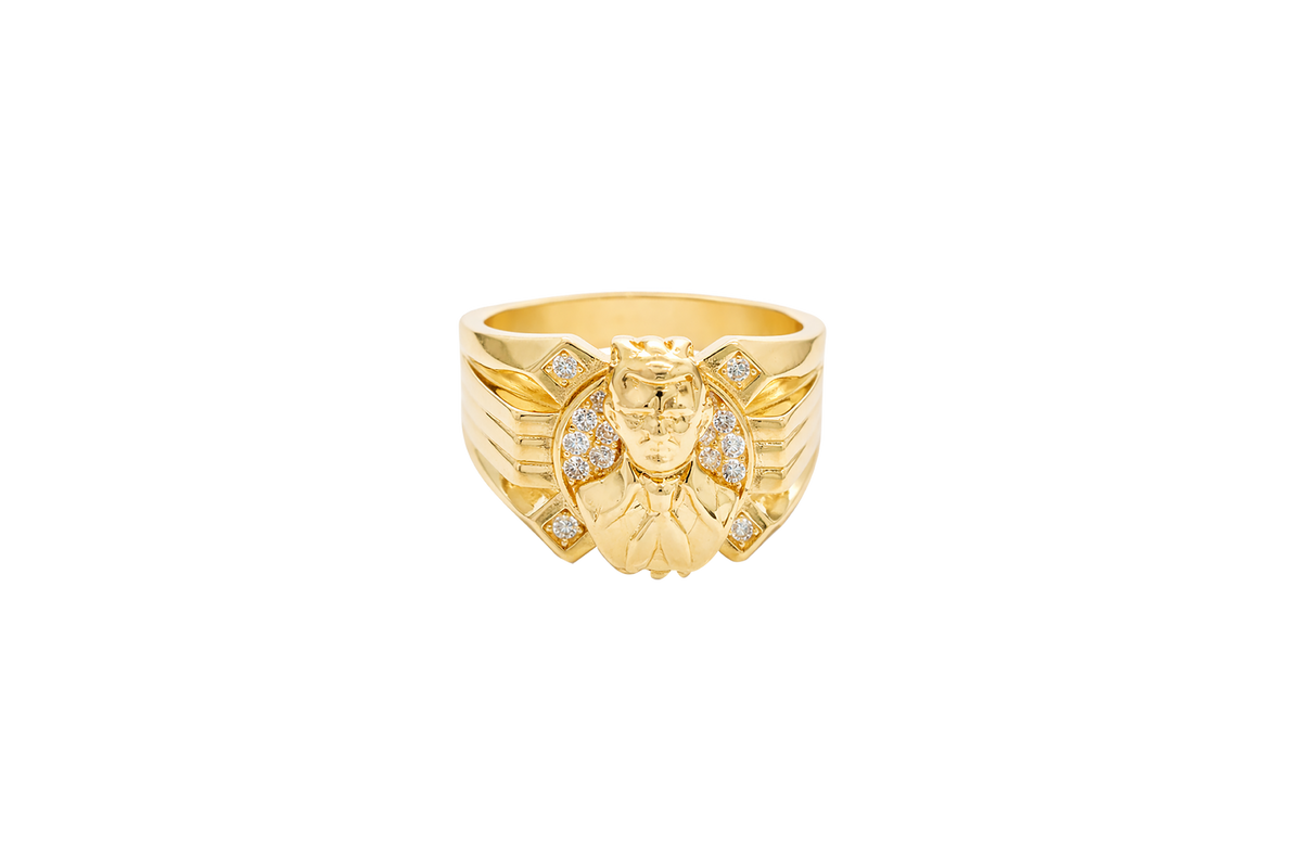 14K Gold Ring Men's Round Malverde with White CZ Stone Background and One White CZ Stone on Edge Corners
