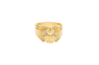 14K Gold Ring Men's Round Malverde with White CZ Stone Background and One White CZ Stone on Edge Corners