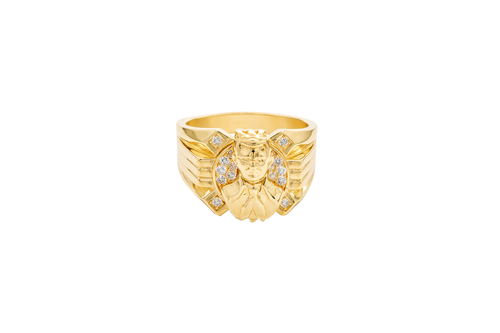 14K Gold Ring Men's Round Malverde with White CZ Stone Background and One White CZ Stone on Edge Corners