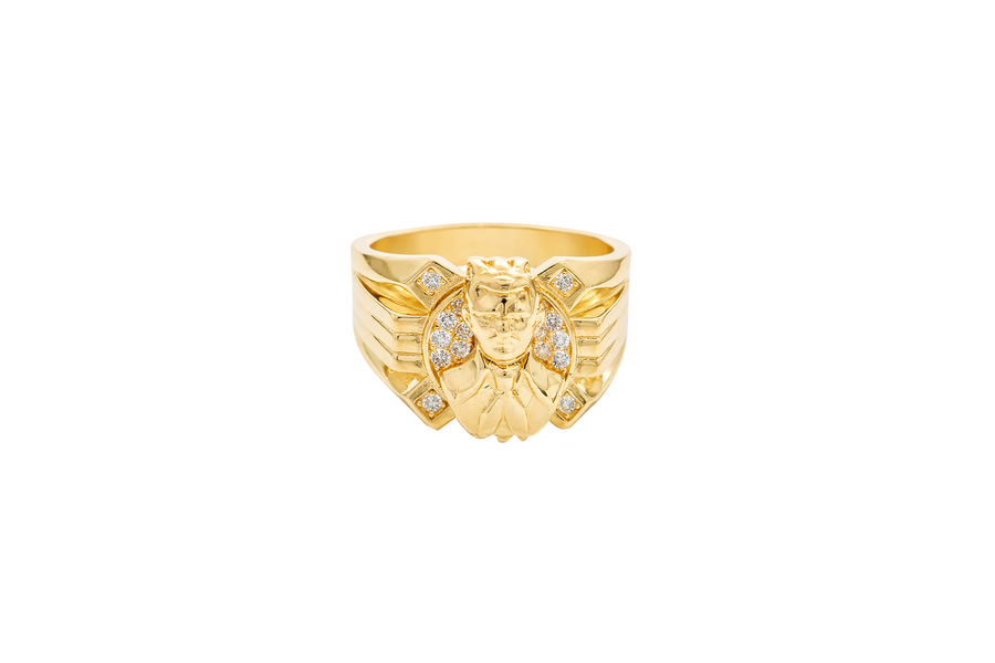 14K Gold Ring Men's Round Malverde with White CZ Stone Background and One White CZ Stone on Edge Corners