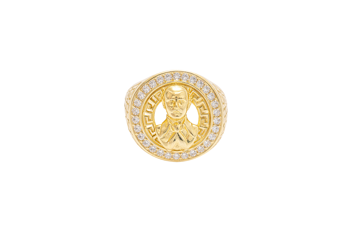 14K Gold Ring Men's Malverde Round with CZ White Stone Border and Greek Style Design on Each Side of the Ring