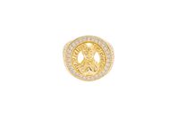 14K Gold Ring Men's Malverde Round with CZ White Stone Border and Greek Style Design on Each Side of the Ring
