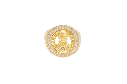 14K Gold Ring Men's Malverde Round with CZ White Stone Border and Greek Style Design on Each Side of the Ring