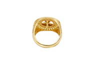 14K Gold Ring Men's Malverde Round with CZ White Stone Border and Greek Style Design on Each Side of the Ring