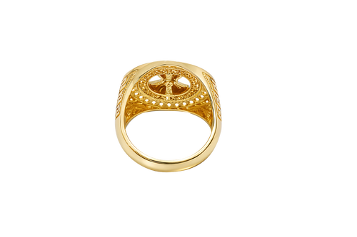 14K Gold Ring Men's Malverde Round with CZ White Stone Border and Greek Style Design on Each Side of the Ring
