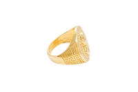 14K Gold Ring Men's Malverde Round with CZ White Stone Border and Greek Style Design on Each Side of the Ring
