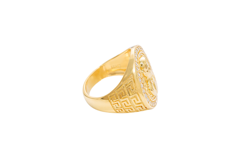 14K Gold Ring Men's Malverde Round with CZ White Stone Border and Greek Style Design on Each Side of the Ring