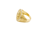 14K Gold Ring Men's Malverde Round with CZ White Stone Border and Greek Style Design on Each Side of the Ring
