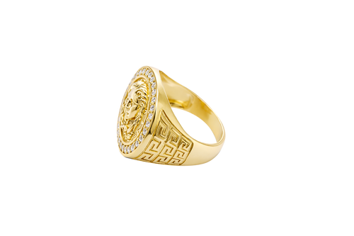 14K Gold Ring Men's Malverde Round with CZ White Stone Border and Greek Style Design on Each Side of the Ring