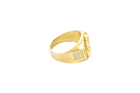 14K Gold Ring Men's Malverde Octagon Border Portrait with White CZ Stones "X" Shape Background Plain Border and Three Rows of White CZ Stones on Each Side