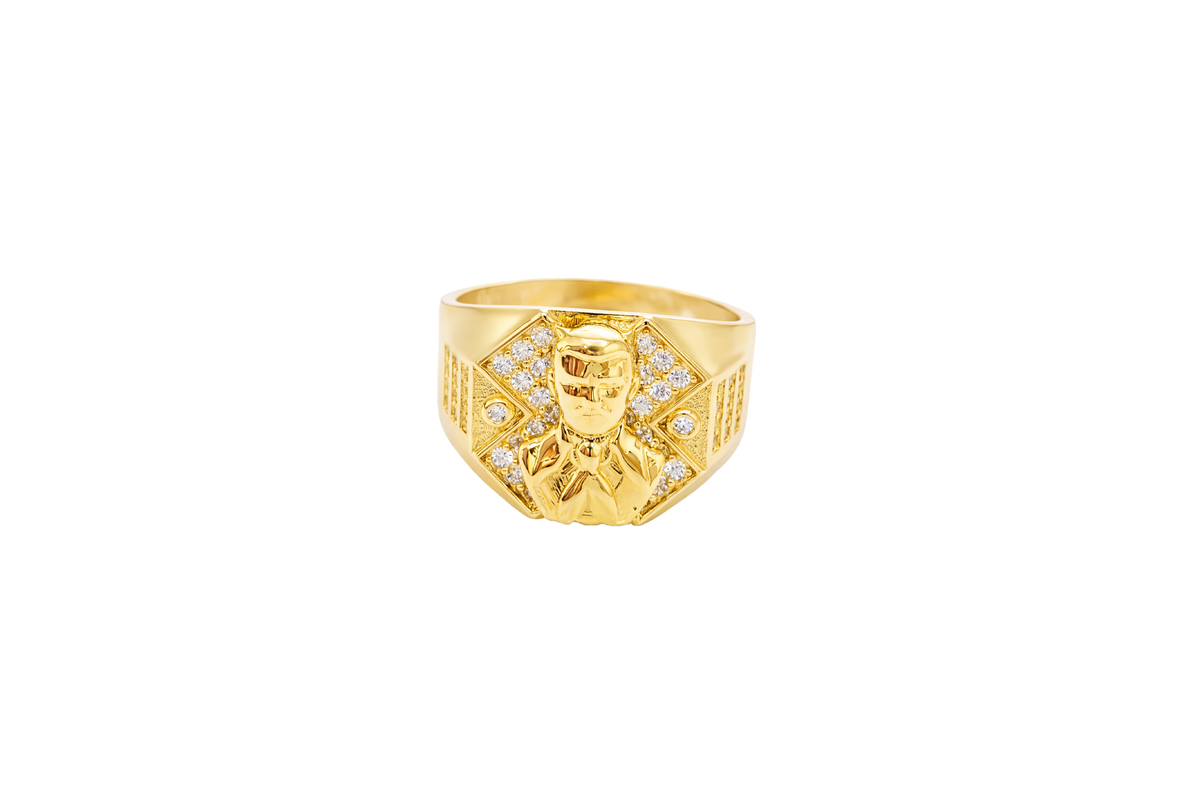 14K Gold Ring Men's Malverde Octagon Border Portrait with White CZ Stones "X" Shape Background Plain Border and Three Rows of White CZ Stones on Each Side