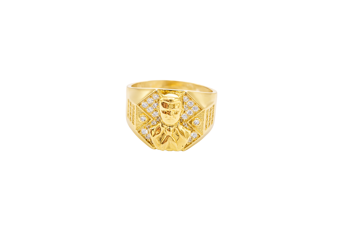 14K Gold Ring Men's Malverde Octagon Border Portrait with White CZ Stones "X" Shape Background Plain Border and Three Rows of White CZ Stones on Each Side