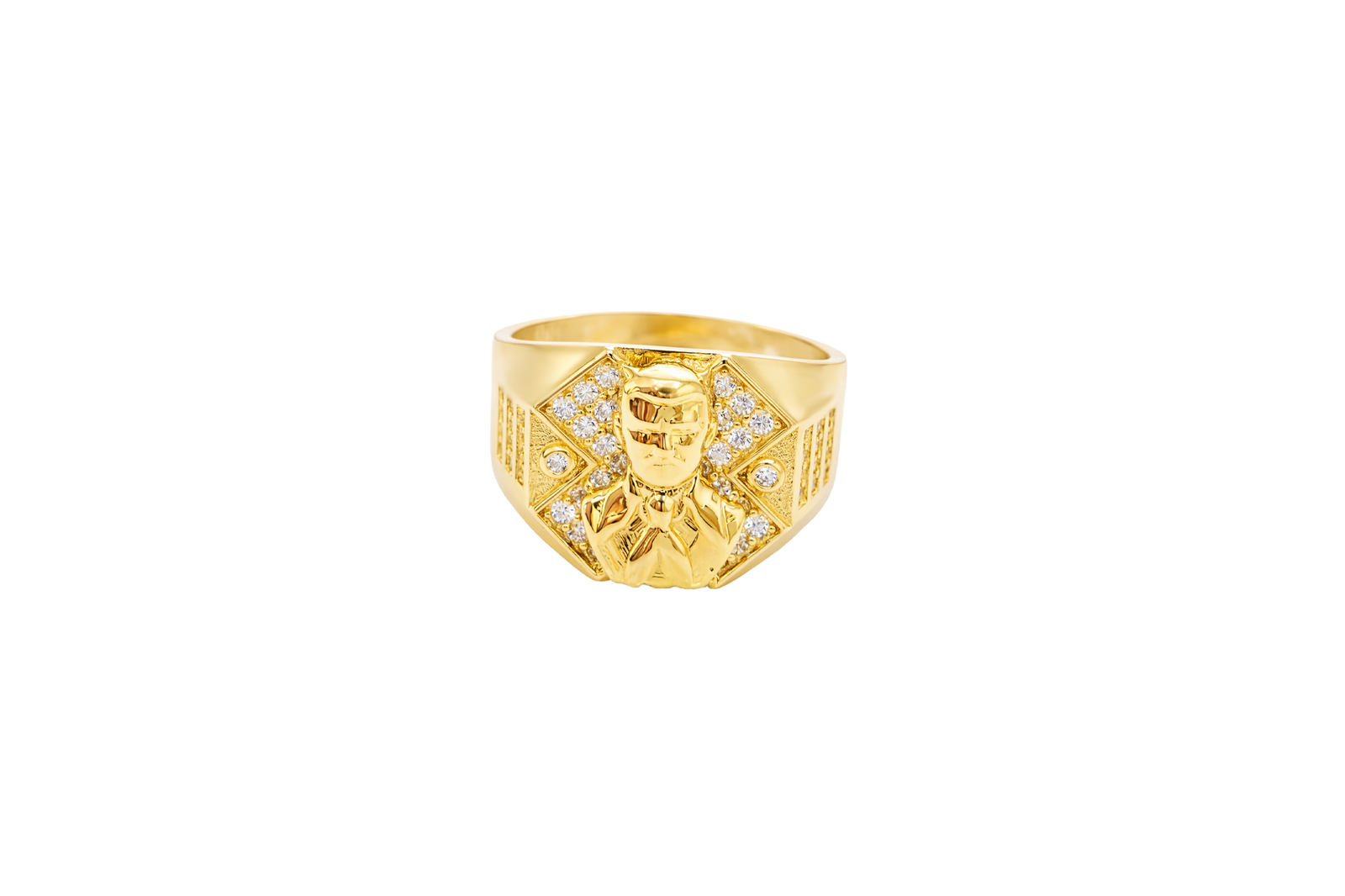 14K Gold Ring Men's Malverde Octagon Border Portrait with White CZ Stones "X" Shape Background Plain Border and Three Rows of White CZ Stones on Each Side