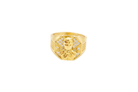 14K Gold Ring Men's Malverde Octagon Border Portrait with White CZ Stones "X" Shape Background Plain Border and Three Rows of White CZ Stones on Each Side