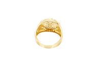 14K Gold Ring Men's Malverde Octagon Border Portrait with White CZ Stones "X" Shape Background Plain Border and Three Rows of White CZ Stones on Each Side