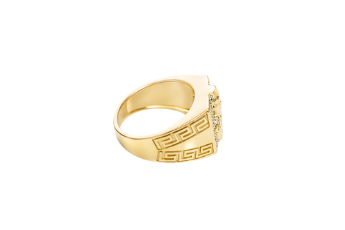 14K Gold Ring Men's Square Malverde with Eight Rows of White CZ Stones Greek Style V Shape on Each of the Sides