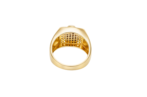 14K Gold Ring Men's Square Malverde with Eight Rows of White CZ Stones Greek Style V Shape on Each of the Sides