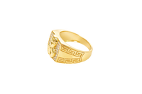 14K Gold Ring Men's Square Malverde with Eight Rows of White CZ Stones Greek Style V Shape on Each of the Sides