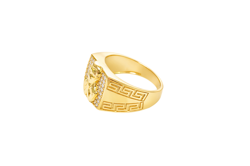 14K Gold Ring Men's Square Malverde with Eight Rows of White CZ Stones Greek Style V Shape on Each of the Sides