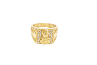 14K Gold Ring Men's Square Malverde with Eight Rows of White CZ Stones Greek Style V Shape on Each of the Sides