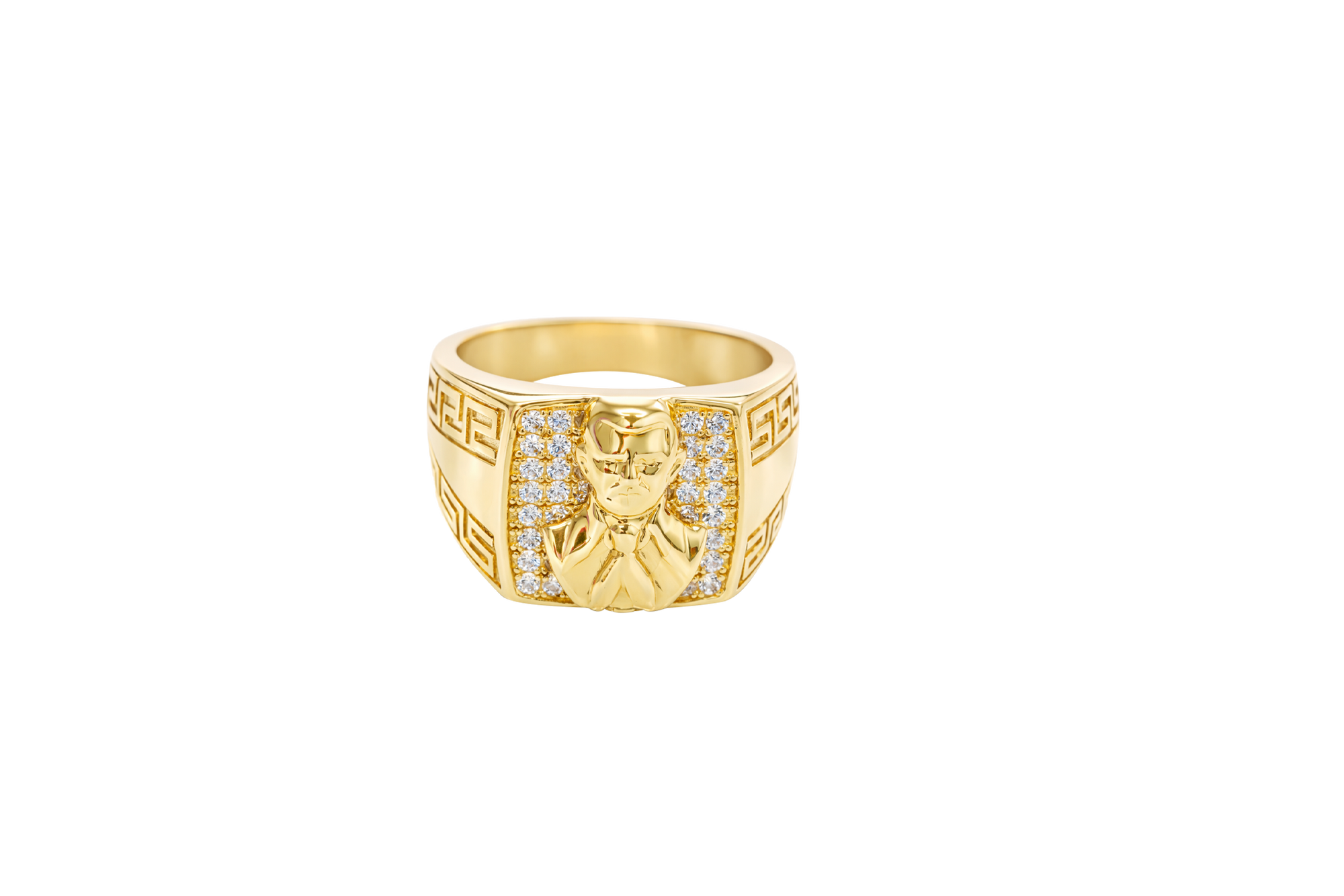 14K Gold Ring Men's Square Malverde with Eight Rows of White CZ Stones Greek Style V Shape on Each of the Sides