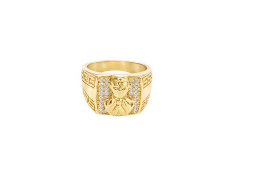 14K Gold Ring Men's Square Malverde with Eight Rows of White CZ Stones Greek Style V Shape on Each of the Sides