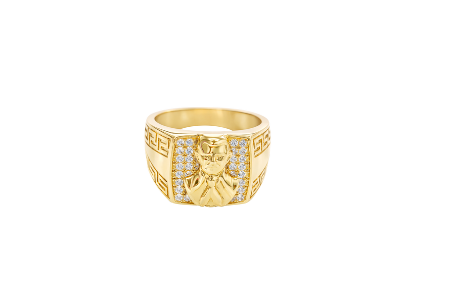 14K Gold Ring Men's Square Malverde with Eight Rows of White CZ Stones Greek Style V Shape on Each of the Sides