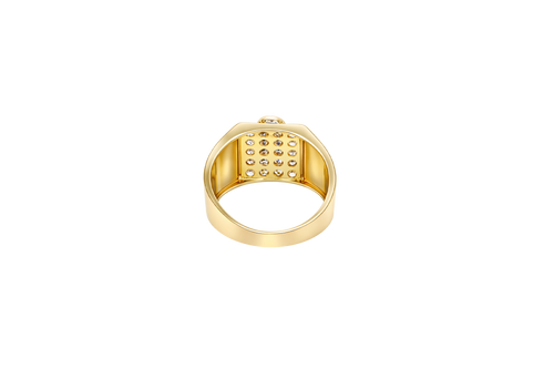 14K Gold Ring Men's Square Malverde Portrait with White CZ Stone Background Plain Border and Diamond Cuts on Each Side of the Band