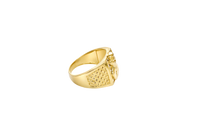14K Gold Ring Men's Square Malverde Portrait with White CZ Stone Background Plain Border and Diamond Cuts on Each Side of the Band