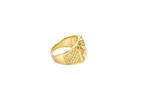14K Gold Ring Men's Square Malverde Portrait with White CZ Stone Background Plain Border and Diamond Cuts on Each Side of the Band