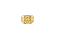 14K Gold Ring Men's Square Malverde Portrait with White CZ Stone Background Plain Border and Diamond Cuts on Each Side of the Band
