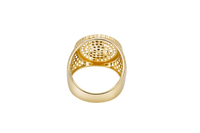 14K Gold Ring Men's Round Coin Malverde with Cuban Border and 12 Rows of White CZ Stones on Each Side of Band