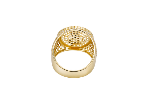 14K Gold Ring Men's Round Coin Malverde with Cuban Border and 12 Rows of White CZ Stones on Each Side of Band