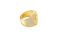 14K Gold Ring Men's Round Coin Malverde with Cuban Border and 12 Rows of White CZ Stones on Each Side of Band