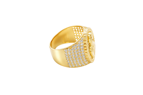 14K Gold Ring Men's Round Coin Malverde with Cuban Border and 12 Rows of White CZ Stones on Each Side of Band
