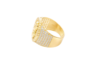 14K Gold Ring Men's Round Coin Malverde with Cuban Border and 12 Rows of White CZ Stones on Each Side of Band