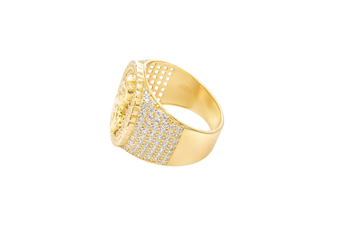 14K Gold Ring Men's Round Coin Malverde with Cuban Border and 12 Rows of White CZ Stones on Each Side of Band