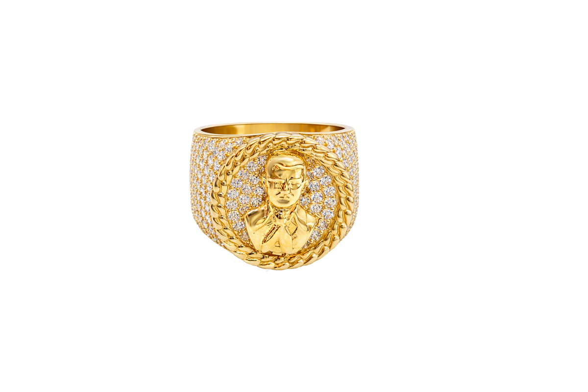 14K Gold Ring Men's Round Coin Malverde with Cuban Border and 12 Rows of White CZ Stones on Each Side of Band
