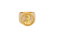 14K Gold Ring Men's Round Coin Malverde with Cuban Border and 12 Rows of White CZ Stones on Each Side of Band