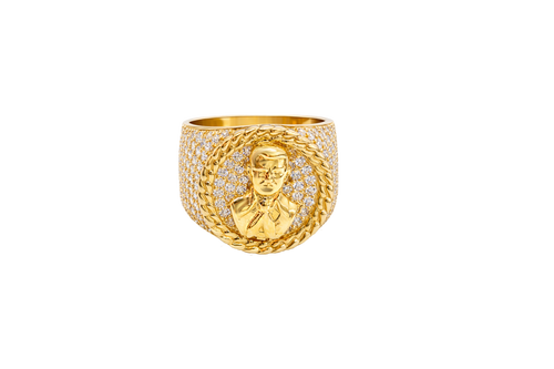 14K Gold Ring Men's Round Coin Malverde with Cuban Border and 12 Rows of White CZ Stones on Each Side of Band