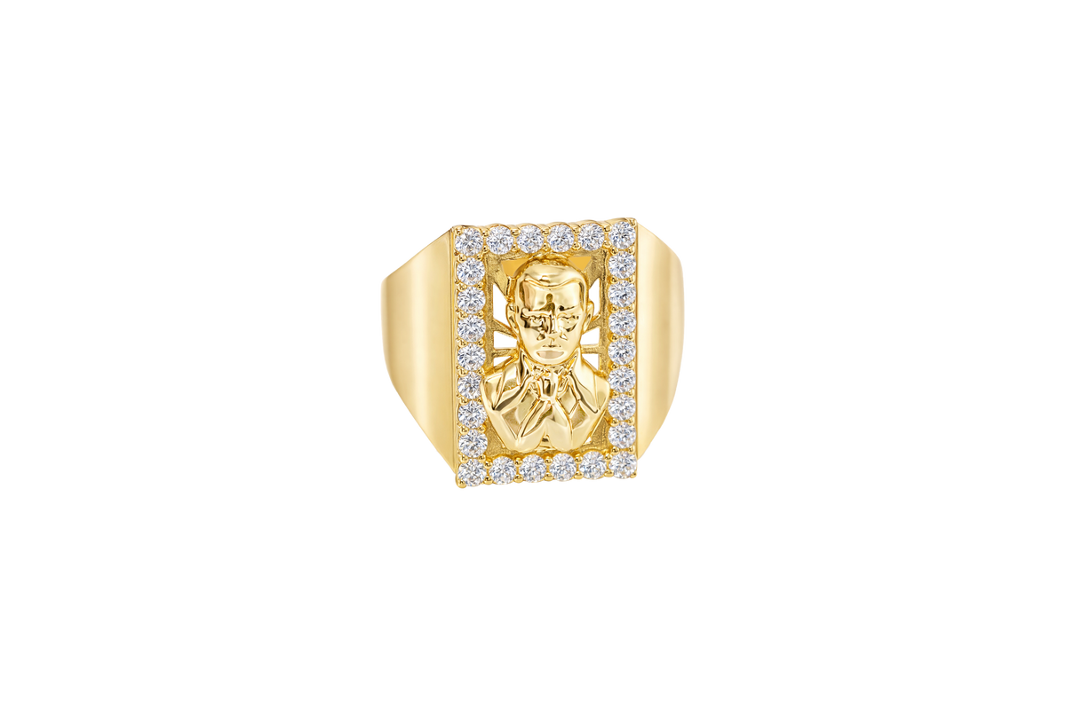 14K Gold Ring Men's Malverde with White CZ Stone Border Rectangle and Plain Sides