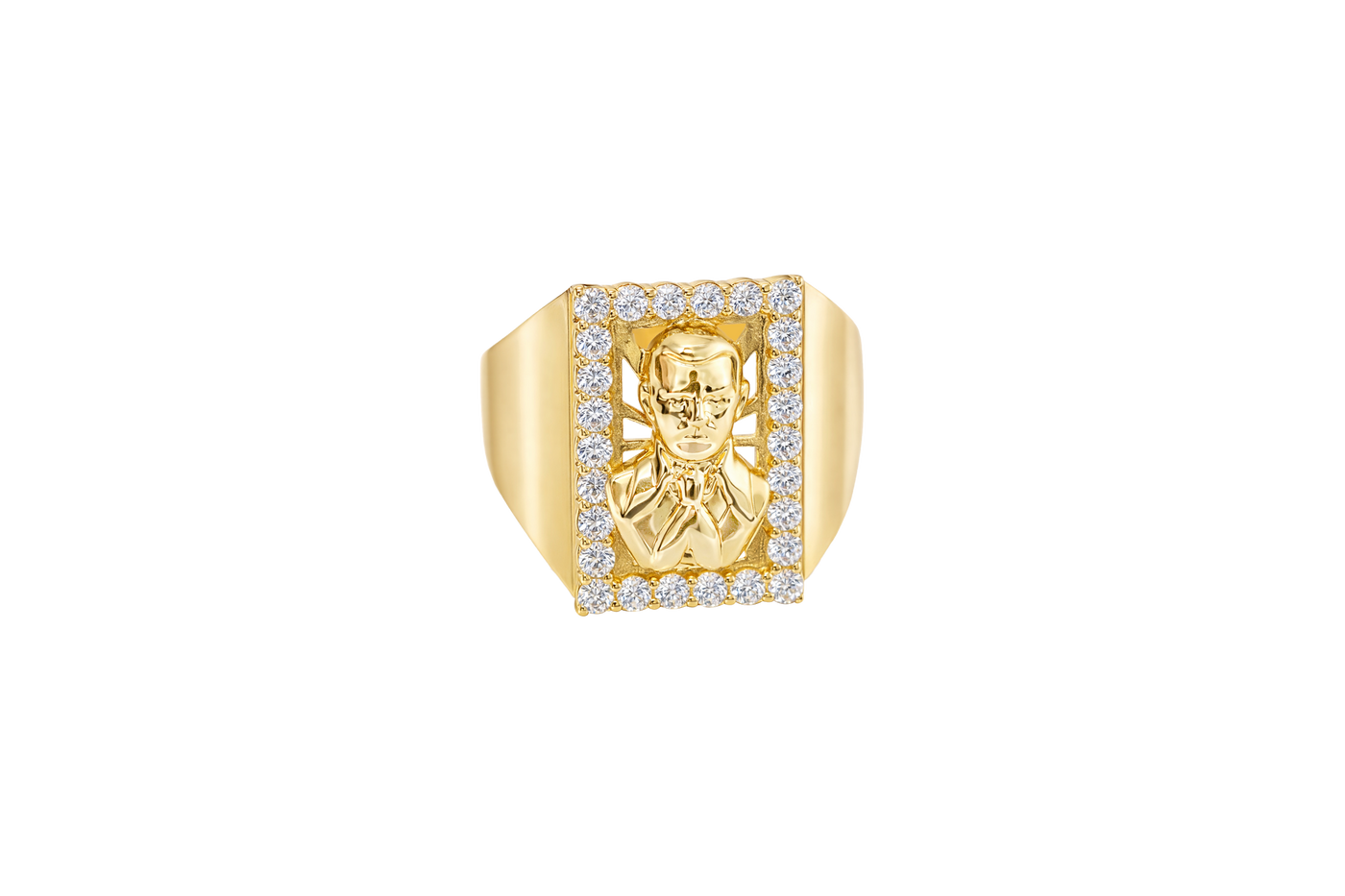 14K Gold Ring Men's Malverde with White CZ Stone Border Rectangle and Plain Sides