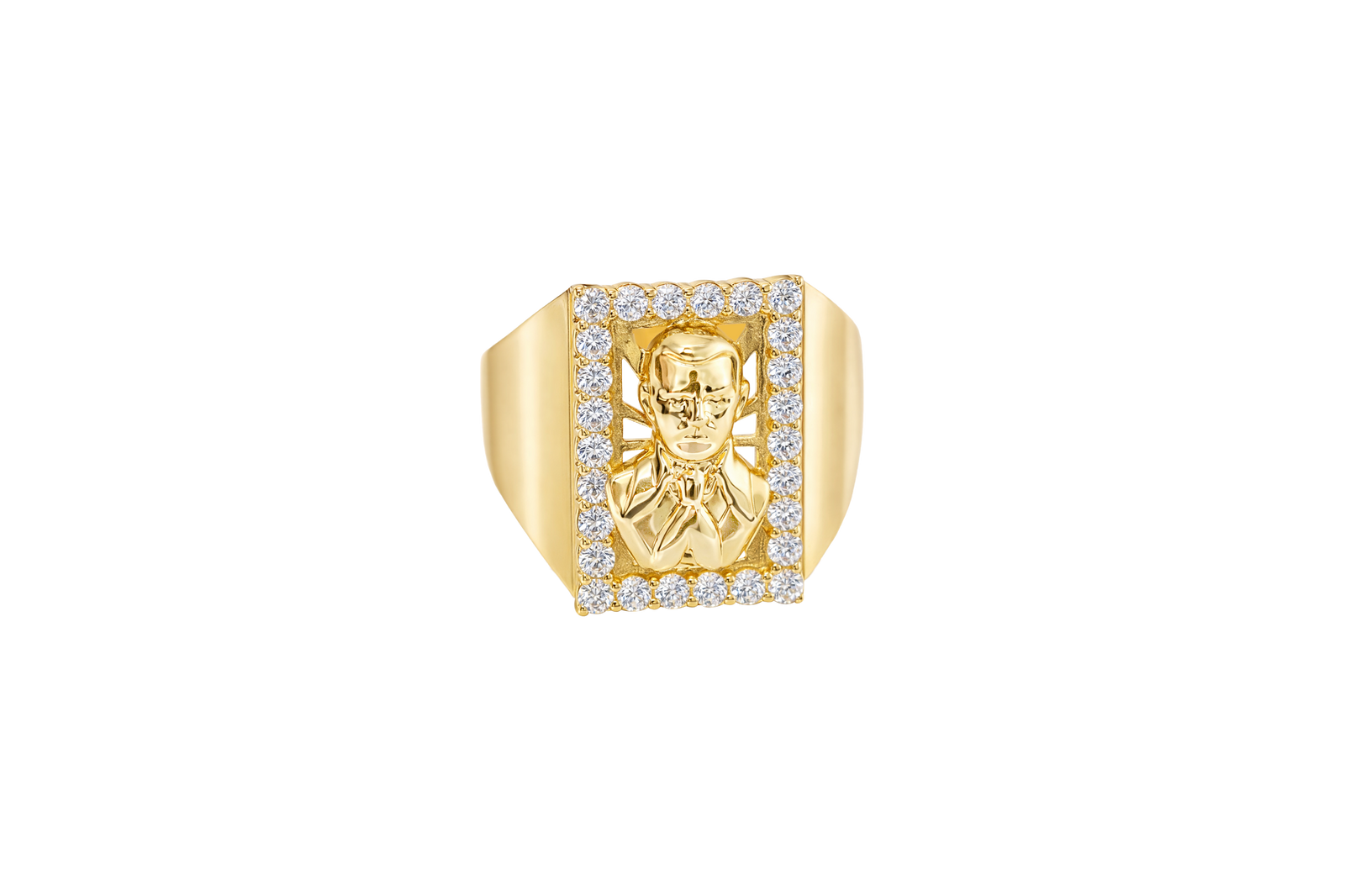14K Gold Ring Men's Malverde with White CZ Stone Border Rectangle and Plain Sides